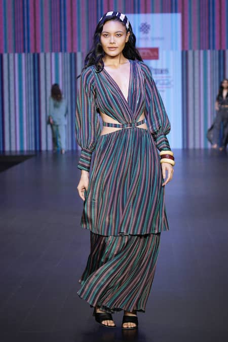 Shop_Sandhya Shah_Black Crepe, Linen Plunge Neck Athena Striped Cut-out Dress _at_Aza_Fashions