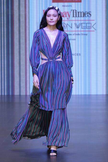 Sandhya Shah_Black Crepe, Linen Plunge Neck Athena Striped Cut-out Dress _Online_at_Aza_Fashions