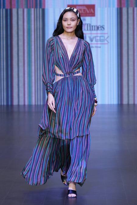 Buy_Sandhya Shah_Black Crepe, Linen Plunge Neck Athena Striped Cut-out Dress _Online_at_Aza_Fashions