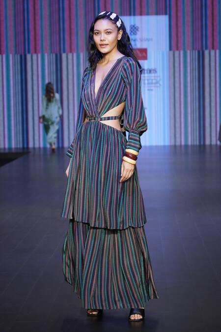 Sandhya Shah_Black Crepe, Linen Plunge Neck Athena Striped Cut-out Dress _at_Aza_Fashions