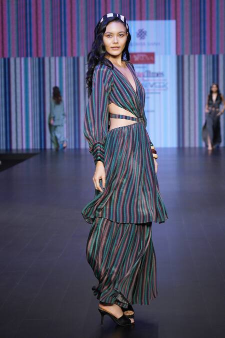 Buy_Sandhya Shah_Black Crepe, Linen Plunge Neck Athena Striped Cut-out Dress 