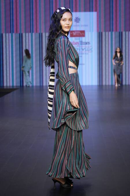 Shop_Sandhya Shah_Black Crepe, Linen Plunge Neck Athena Striped Cut-out Dress 