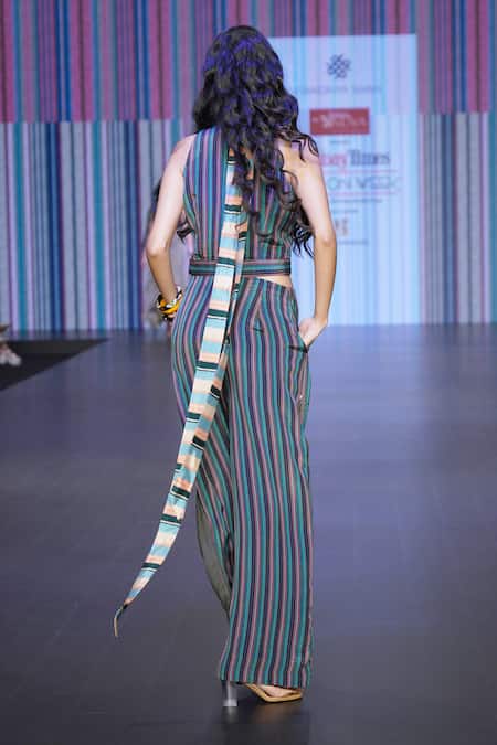 Shop_Sandhya Shah_Black Crepe Collared Aniceta Striped Crop Top With Pant _at_Aza_Fashions