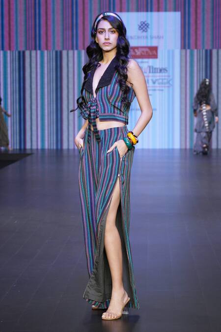 Shop_Sandhya Shah_Black Crepe Collared Aniceta Striped Crop Top With Pant _Online_at_Aza_Fashions