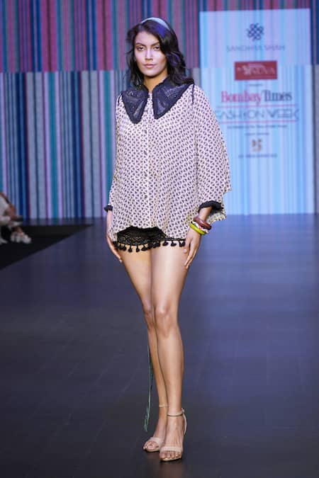Shop_Sandhya Shah_Beige Crepe, Linen Beads, Pom-poms Collared Cleora Wave Print Shirt With Shorts _at_Aza_Fashions