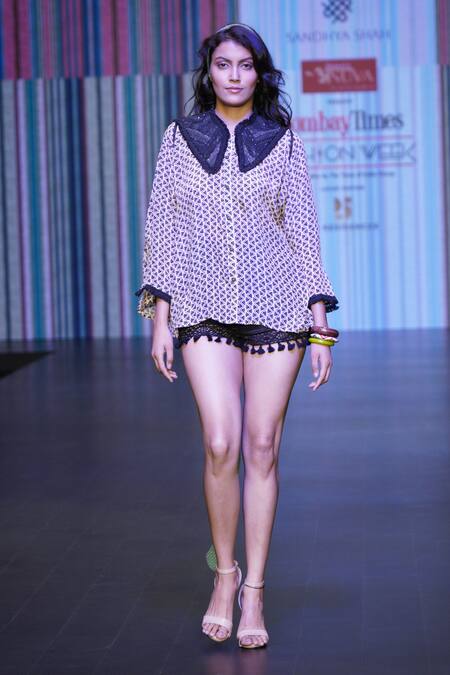 Shop_Sandhya Shah_Beige Crepe, Linen Beads, Pom-poms Collared Cleora Wave Print Shirt With Shorts _Online_at_Aza_Fashions