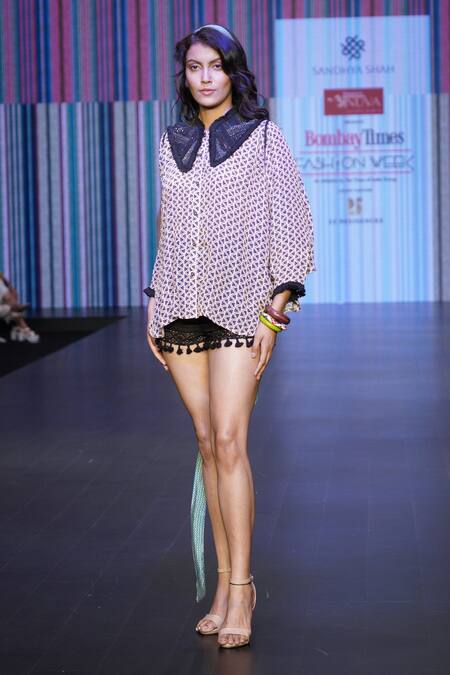 Sandhya Shah_Beige Crepe, Linen Beads, Pom-poms Collared Cleora Wave Print Shirt With Shorts _at_Aza_Fashions