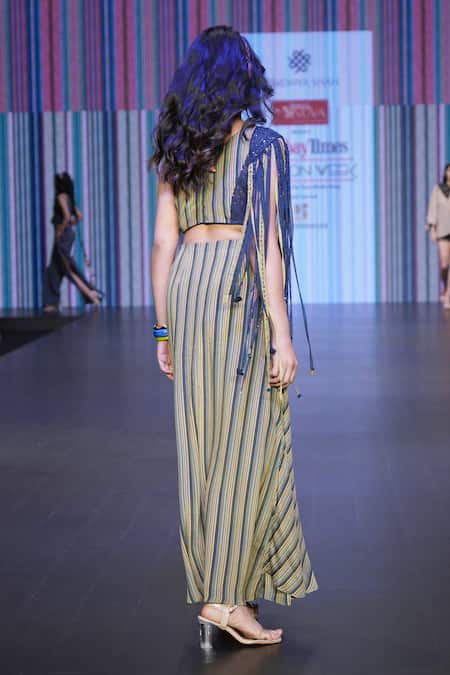 Shop_Sandhya Shah_Green Crepe, Linen Fringe, Lace One Shoulder Sirena Stripe Print Skirt With Top _at_Aza_Fashions