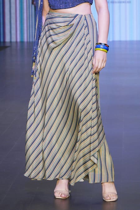 Buy Sandhya Shah Green Crepe, Linen Fringe, Lace One Shoulder Sirena Stripe Print Skirt With Top Online at Aza Fashions Buy_Sandhya Shah_Green Crepe, Linen Fringe, Lace One Shoulder Sirena Stripe Print Skirt With Top _Online_at_Aza_Fashions