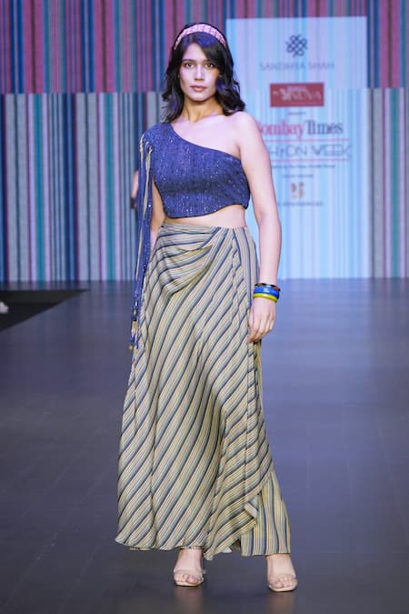 Shop_Sandhya Shah_Green Crepe, Linen Fringe, Lace One Shoulder Sirena Stripe Print Skirt With Top _Online_at_Aza_Fashions