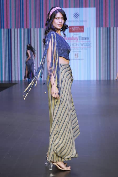 Sandhya Shah_Green Crepe, Linen Fringe, Lace One Shoulder Sirena Stripe Print Skirt With Top _at_Aza_Fashions