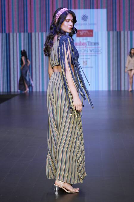 Buy_Sandhya Shah_Green Crepe, Linen Fringe, Lace One Shoulder Sirena Stripe Print Skirt With Top 