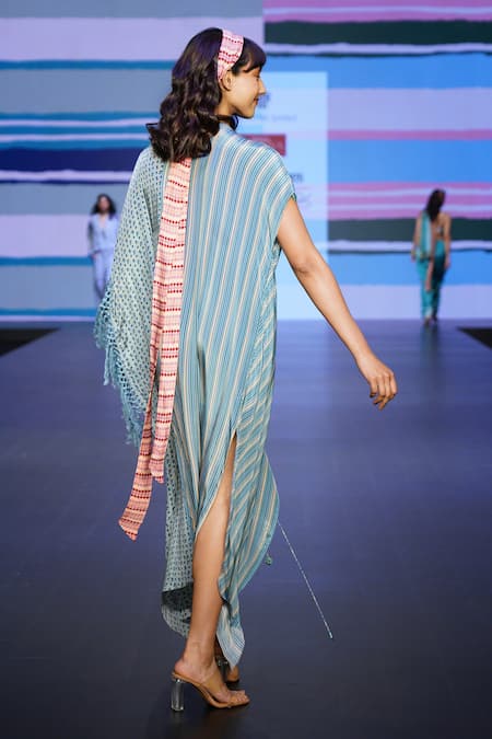 Shop_Sandhya Shah_Blue Crepe Embroidery V-neck Harmony Printed Ruched Dress _at_Aza_Fashions