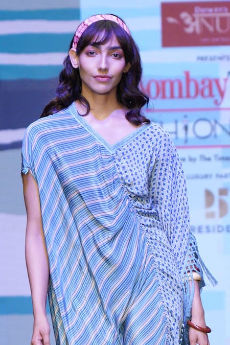 Sandhya Shah_Blue Crepe Embroidery V-neck Harmony Printed Ruched Dress _Online_at_Aza_Fashions