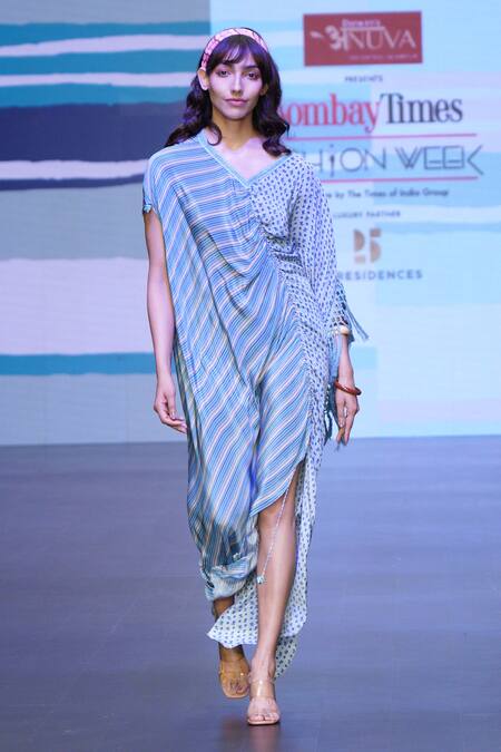 Buy_Sandhya Shah_Blue Crepe Embroidery V-neck Harmony Printed Ruched Dress _Online_at_Aza_Fashions