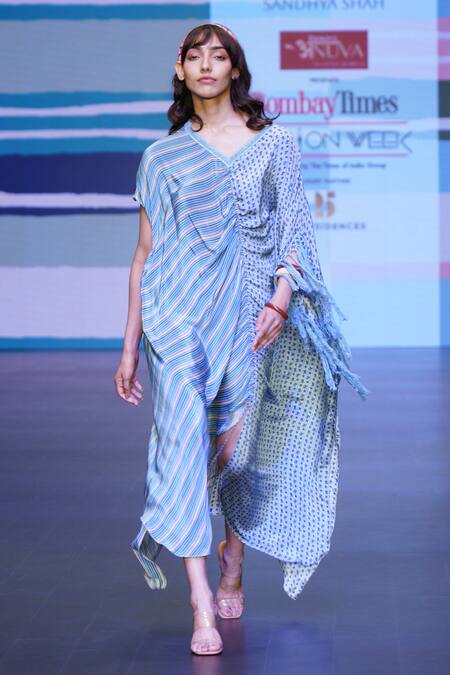 Shop_Sandhya Shah_Blue Crepe Embroidery V-neck Harmony Printed Ruched Dress _Online_at_Aza_Fashions