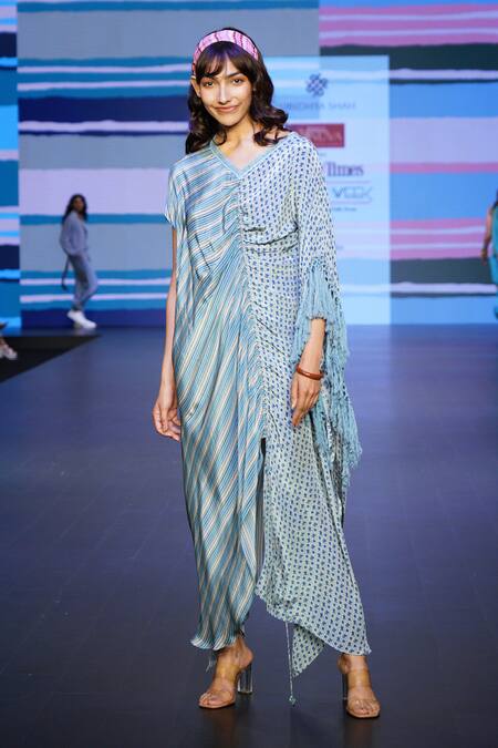 Sandhya Shah_Blue Crepe Embroidery V-neck Harmony Printed Ruched Dress _at_Aza_Fashions