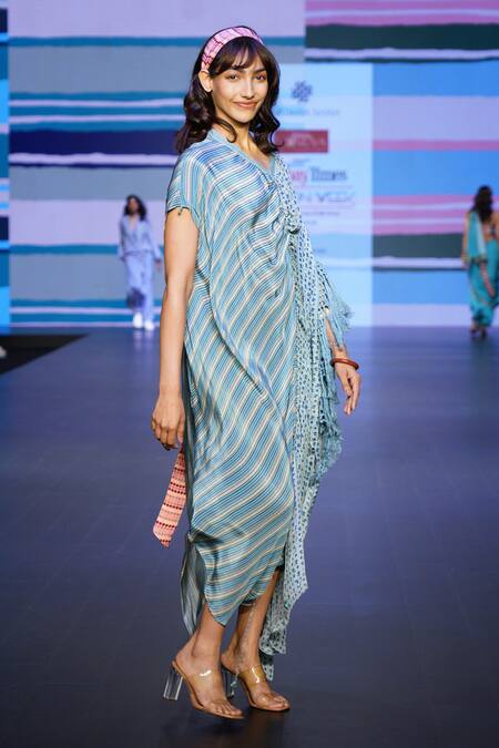 Shop_Sandhya Shah_Blue Crepe Embroidery V-neck Harmony Printed Ruched Dress 