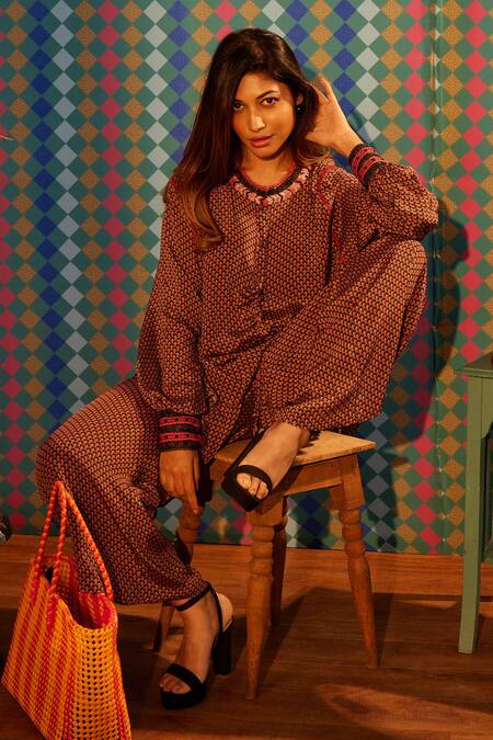 Sandhya Shah_Red Crepe, Linen Embroidery Round Cyril Floral Print Shirt And Pant Co-ord Set _Online_at_Aza_Fashions