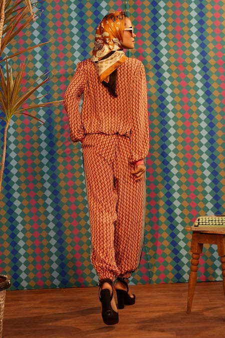 Shop Sandhya Shah Red Crepe, Linen Collared Daphne Floral Print Top And Pant Co-ord Set at Aza Fashions Shop_Sandhya Shah_Red Crepe, Linen Collared Daphne Floral Print Top And Pant Co-ord Set _at_Aza_Fashions