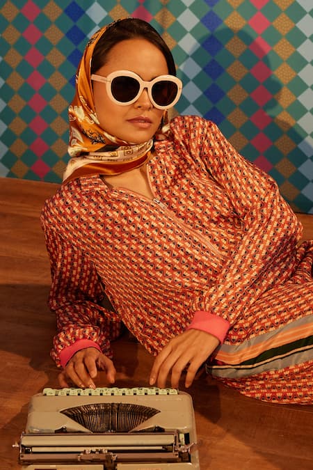 Sandhya Shah Red Crepe, Linen Collared Daphne Floral Print Top And Pant Co-ord Set Online at Aza Fashions Sandhya Shah_Red Crepe, Linen Collared Daphne Floral Print Top And Pant Co-ord Set _Online_at_Aza_Fashions