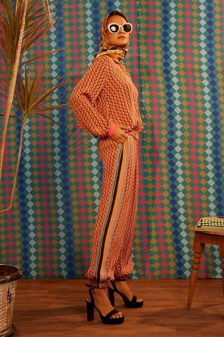 Shop Sandhya Shah Red Crepe, Linen Collared Daphne Floral Print Top And Pant Co-ord Set Online at Aza Fashions Shop_Sandhya Shah_Red Crepe, Linen Collared Daphne Floral Print Top And Pant Co-ord Set _Online_at_Aza_Fashions