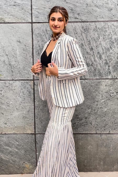 Shop Sandhya Shah White Crepe, Cotton Lace V-neck Kairos Geometric Print Blazer Flared Pant Set at Aza Fashions Shop_Sandhya Shah_White Crepe, Cotton Lace V-neck Kairos Geometric Print Blazer Flared Pant Set _at_Aza_Fashions