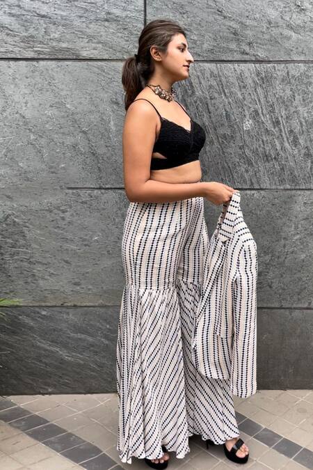 Sandhya Shah White Crepe, Cotton Lace V-neck Kairos Geometric Print Blazer Flared Pant Set Online at Aza Fashions Sandhya Shah_White Crepe, Cotton Lace V-neck Kairos Geometric Print Blazer Flared Pant Set _Online_at_Aza_Fashions