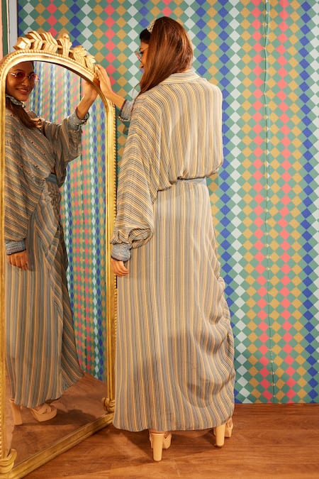 Shop_Sandhya Shah_Blue Crepe, Linen Beads, Embroidery Collared Ivy Striped Print Shirt And Skirt Set _at_Aza_Fashions