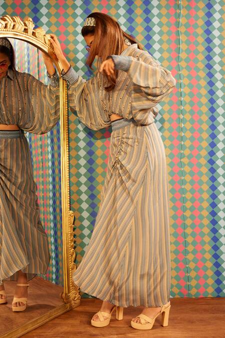 Sandhya Shah_Blue Crepe, Linen Beads, Embroidery Collared Ivy Striped Print Shirt And Skirt Set _Online_at_Aza_Fashions