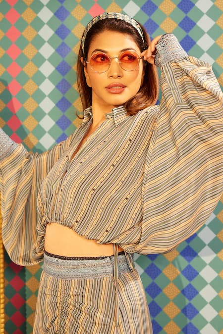 Buy_Sandhya Shah_Blue Crepe, Linen Beads, Embroidery Collared Ivy Striped Print Shirt And Skirt Set _Online_at_Aza_Fashions