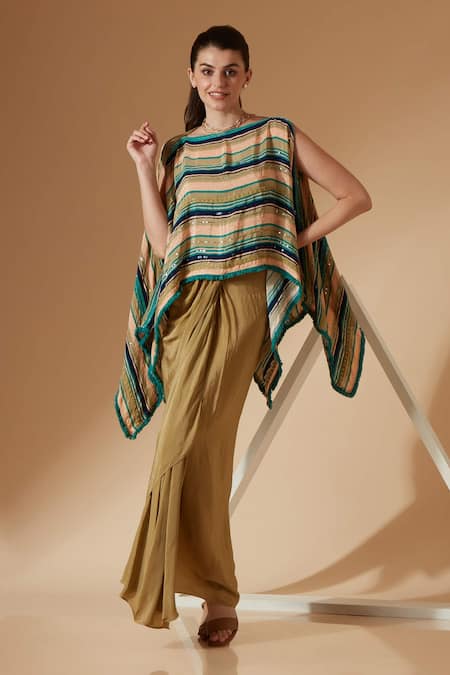 Sandhya Shah Green Crepe Printed Striped Boat Neck Kaftan Top And Skirt Set 