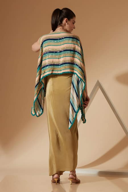 Shop Sandhya Shah Green Crepe Sequins Boat Neck Striped Print Kaftan Top And Skirt Set at Aza Fashions Shop_Sandhya Shah_Green Crepe Sequins Boat Neck Striped Print Kaftan Top And Skirt Set _at_Aza_Fashions