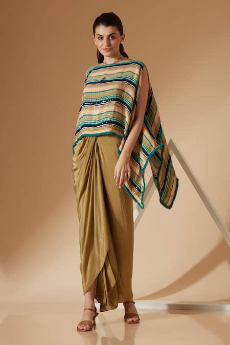 Sandhya Shah Green Crepe Sequins Boat Neck Striped Print Kaftan Top And Skirt Set Online at Aza Fashions Sandhya Shah_Green Crepe Sequins Boat Neck Striped Print Kaftan Top And Skirt Set _Online_at_Aza_Fashions