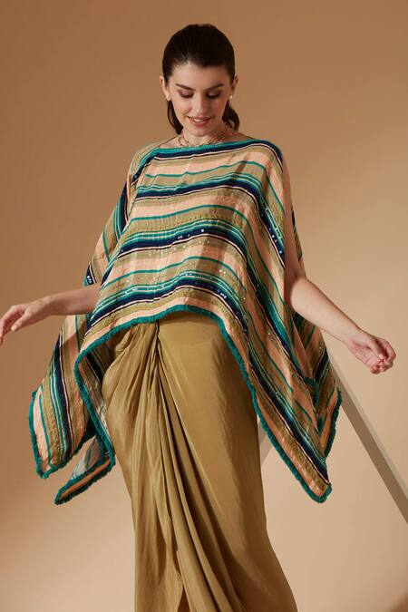 Buy Sandhya Shah Green Crepe Sequins Boat Neck Striped Print Kaftan Top And Skirt Set Online at Aza Fashions Buy_Sandhya Shah_Green Crepe Sequins Boat Neck Striped Print Kaftan Top And Skirt Set _Online_at_Aza_Fashions