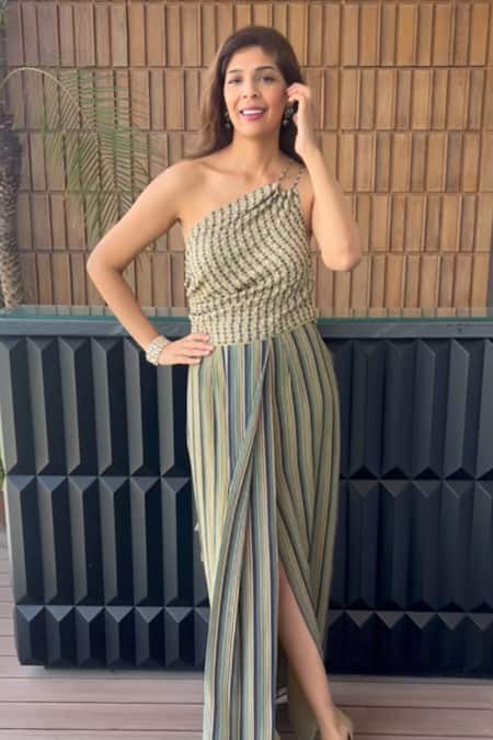 Shop Sandhya Shah Green Crepe, Linen Embroidery One Shoulder Shiloh Printed Top And Skirt Set at Aza Fashions Shop_Sandhya Shah_Green Crepe, Linen Embroidery One Shoulder Shiloh Printed Top And Skirt Set _at_Aza_Fashions