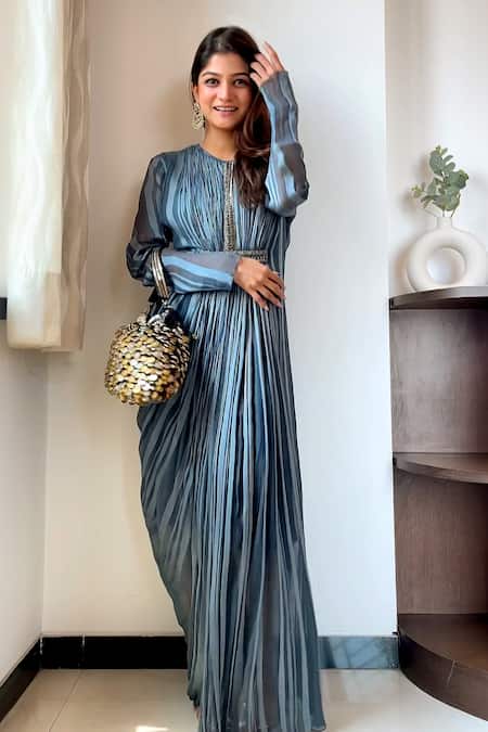 Abstract By Megha Jain Madaan_Grey Chiffon Beads, Piping Round Neck Stripe Print Draped Dress _Online_at_Aza_Fashions
