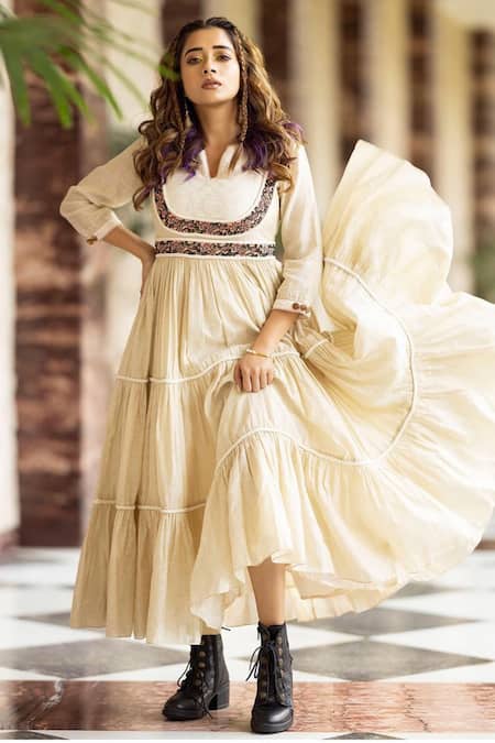 Abstract By Megha Jain Madaan_Beige Chanderi, Jacquard, Handloom Cotton Beads, Embroidery Hand Tiered Dress _Online_at_Aza_Fashions