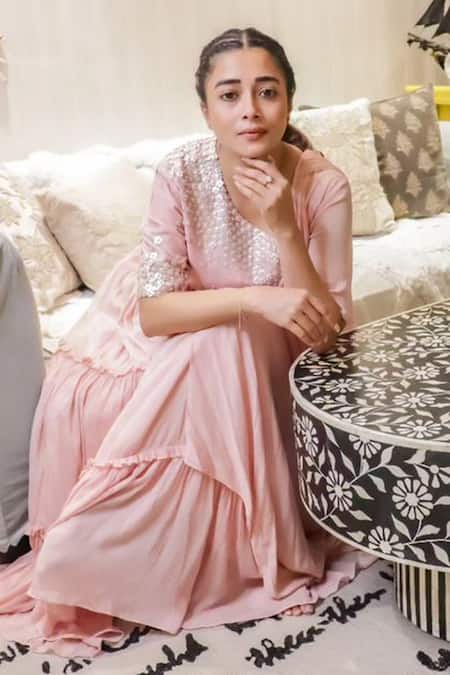 Shop_Abstract By Megha Jain Madaan_Purple Chiffon, Cotton Beads, Sequins Asymmetric Hand Embroidered Draped Dress _at_Aza_Fashions