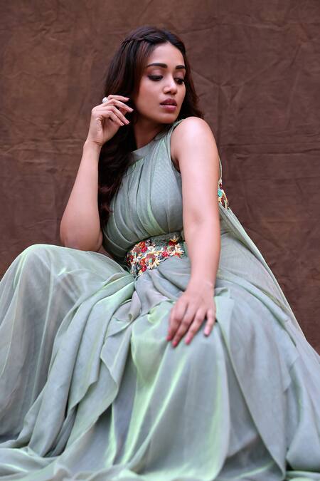 Abstract By Megha Jain Madaan_Green Organza Beads, Piping Round Neck Floral Embroidered Maxi Dress _Online_at_Aza_Fashions
