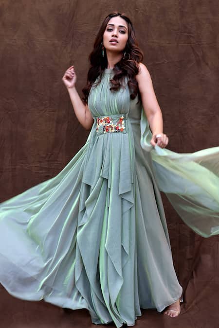Shop_Abstract By Megha Jain Madaan_Green Organza Beads, Piping Round Neck Floral Embroidered Maxi Dress _at_Aza_Fashions