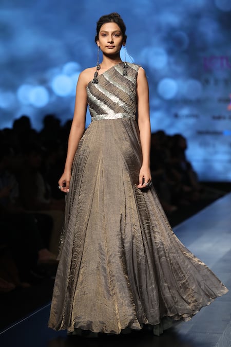 Abstract By Megha Jain Madaan_Grey Tissue, Cotton Sequins One Shoulder Embroidered Dress _Online_at_Aza_Fashions