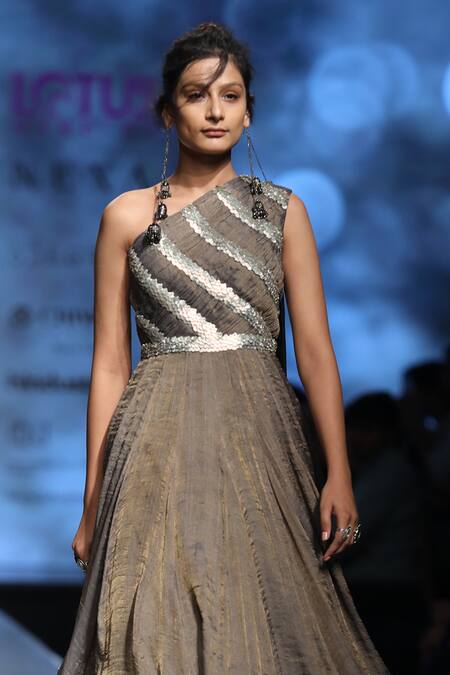 Buy_Abstract By Megha Jain Madaan_Grey Tissue, Cotton Sequins One Shoulder Embroidered Dress _Online_at_Aza_Fashions