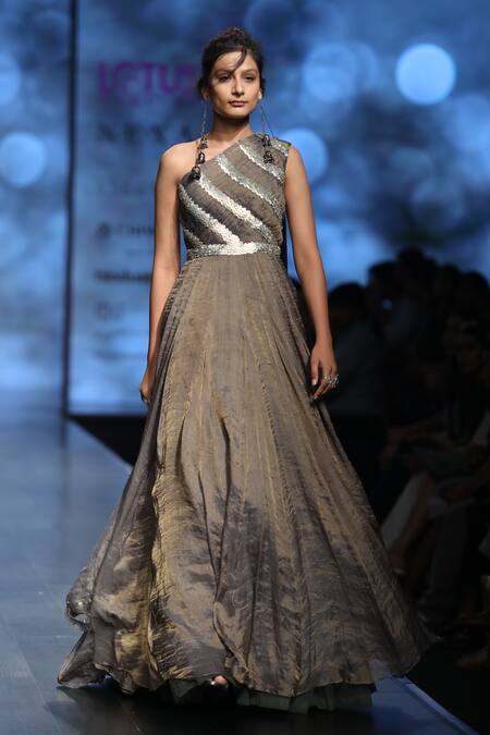 Shop_Abstract By Megha Jain Madaan_Grey Tissue, Cotton Sequins One Shoulder Embroidered Dress _Online_at_Aza_Fashions