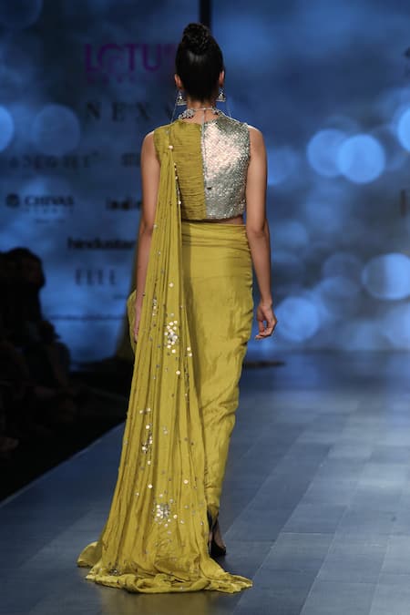 Shop_Abstract By Megha Jain Madaan_Green Tissue, Jersey, Cotton Sequins Ruched Embroidered Top With Draped Skirt _at_Aza_Fashions