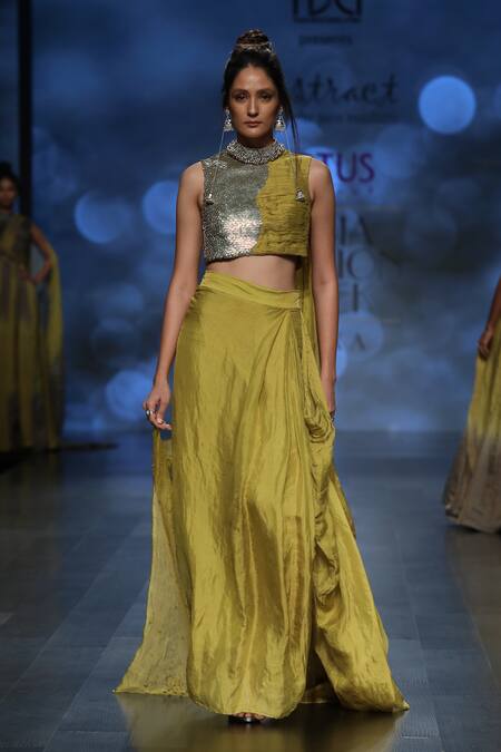 Abstract By Megha Jain Madaan_Green Tissue, Jersey, Cotton Sequins Ruched Embroidered Top With Draped Skirt _Online_at_Aza_Fashions