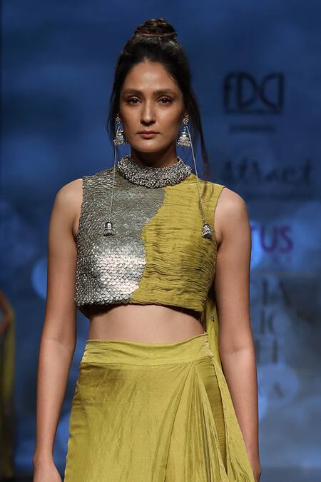 Buy_Abstract By Megha Jain Madaan_Green Tissue, Jersey, Cotton Sequins Ruched Embroidered Top With Draped Skirt _Online_at_Aza_Fashions