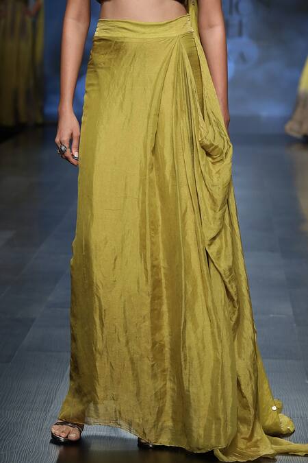 Shop_Abstract By Megha Jain Madaan_Green Tissue, Jersey, Cotton Sequins Ruched Embroidered Top With Draped Skirt _Online_at_Aza_Fashions