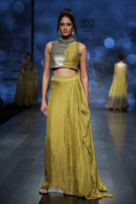 Abstract By Megha Jain Madaan_Green Tissue, Jersey, Cotton Sequins Ruched Embroidered Top With Draped Skirt _at_Aza_Fashions