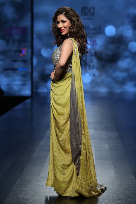 Abstract By Megha Jain Madaan_Green Tissue, Jersey, Cotton Sequins One Shoulder Draped Dress _Online_at_Aza_Fashions